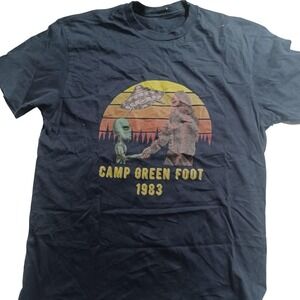 Camp Green Foot Shirt Mens Large Blue Bigfoot Alien UFO Graphic Tee 1983 Retro
